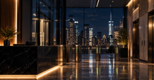 After-Hours Skyline Office Lobby