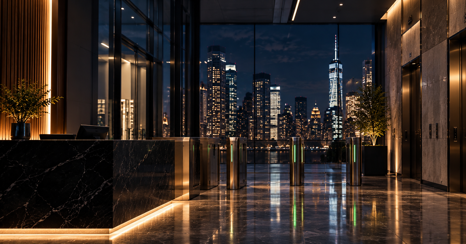 After-Hours Skyline Office Lobby